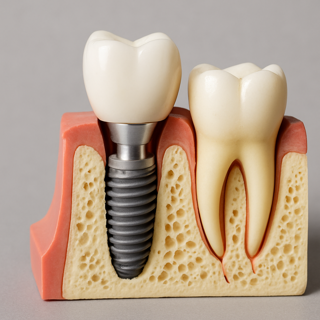 Image showcasing the three main components of a dental implant: the implant post (root), the abutment (connector), and the crown (visible tooth). Use a cut-away model of the jaw to show how these parts integrate together. No text on image.