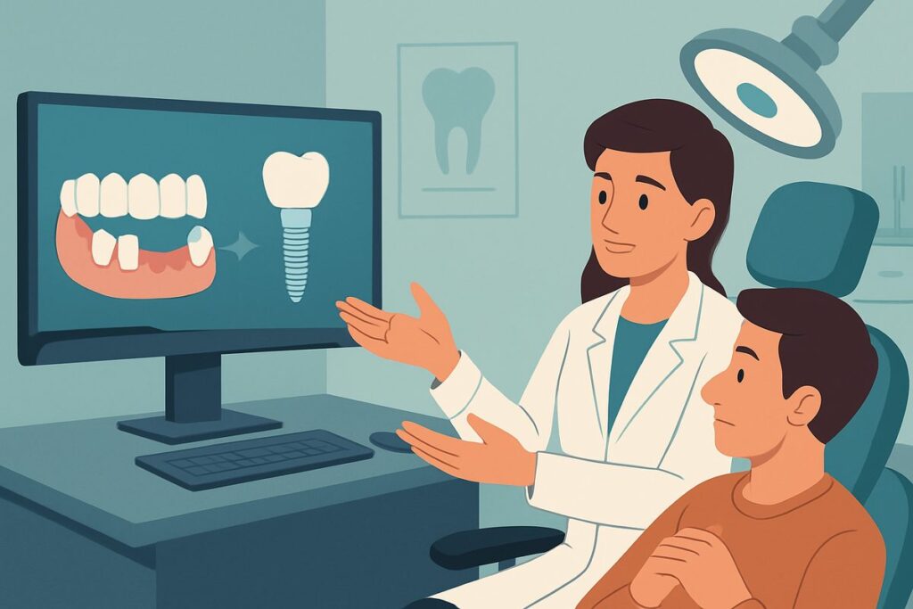 An animation of a dentist consulting with a patient about a missing tooth and the process of tooth removal and implant, using digital models to explain the procedure. No text.