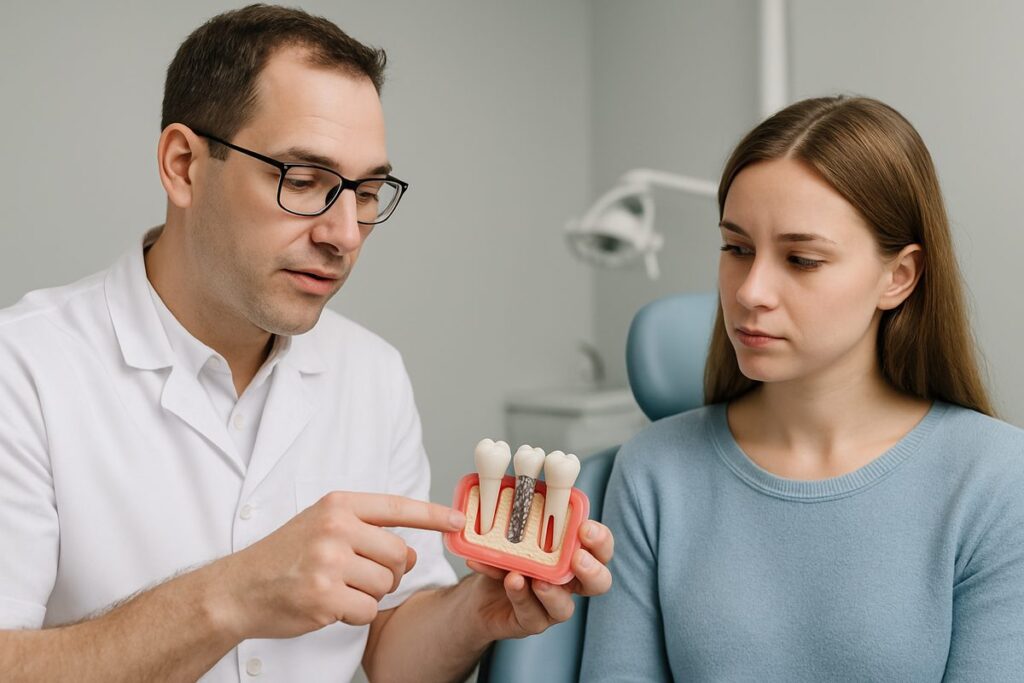 Image of a dentist explaining the necessity of bone grafting to a patient before dental implant surgery, using a model of a jaw with implants. No text on image.