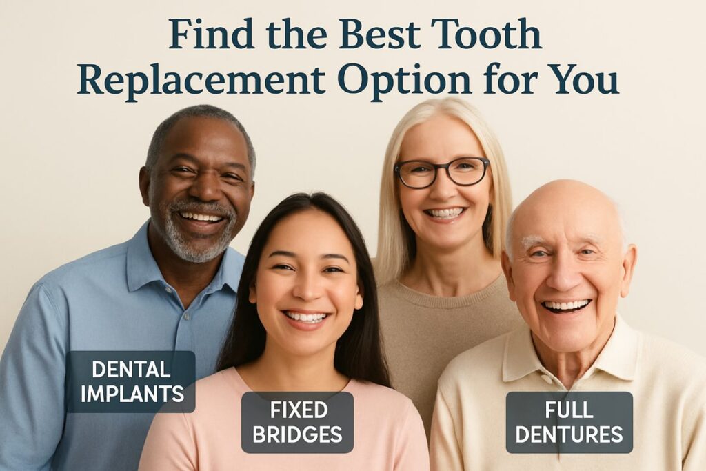 A diverse group of patients smiling, showcasing different tooth replacement options: dental implants, fixed bridges, partial dentures, and full dentures. The text on the image says "Find the Best Tooth Replacement Option for You".