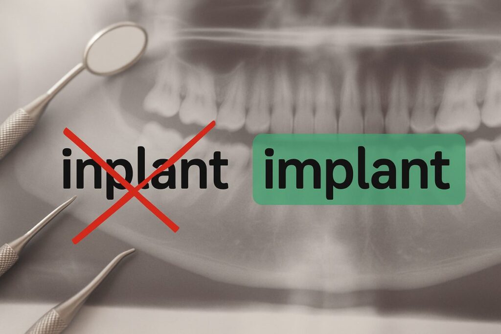 A close-up image comparing the incorrect spelling "inplant" crossed out in red, next to the correct spelling "implant" highlighted in green, with a subtle background of dental tools and a jawbone x-ray. No text on image.