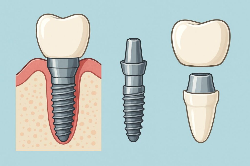 An infographic comparing the three main parts of a dental implant: the implant post, the abutment, and the crown. No text on the image.
