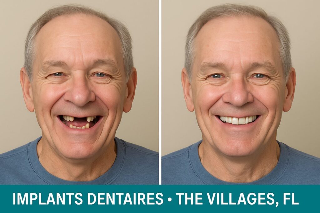A person with missing teeth is smiling, then the after photo shows a complete smile restored by dental implants. The text overlay says "Implants Dentaires: The Villages, FL".