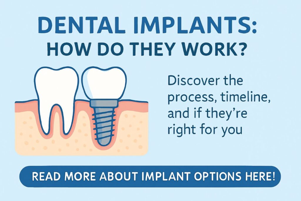 A dentist is explaining the parts of a dental implant to a patient using a model, pointing to the implant screw, abutment, and crown. No text on image.