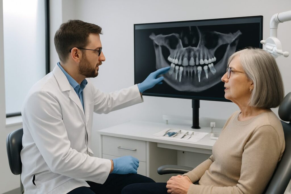 A modern dental office with a dentist consulting a mature patient about dental implants, pointing to a 3D scan of the patient's jaw on a large screen. No text on the image.