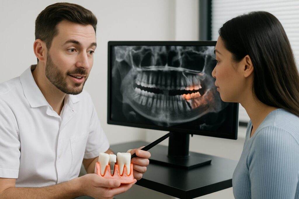 Photo of a dentist explaining potential dental implant side effects to a patient, using a digital scan of the patient's mouth as a visual aid. No text on image.