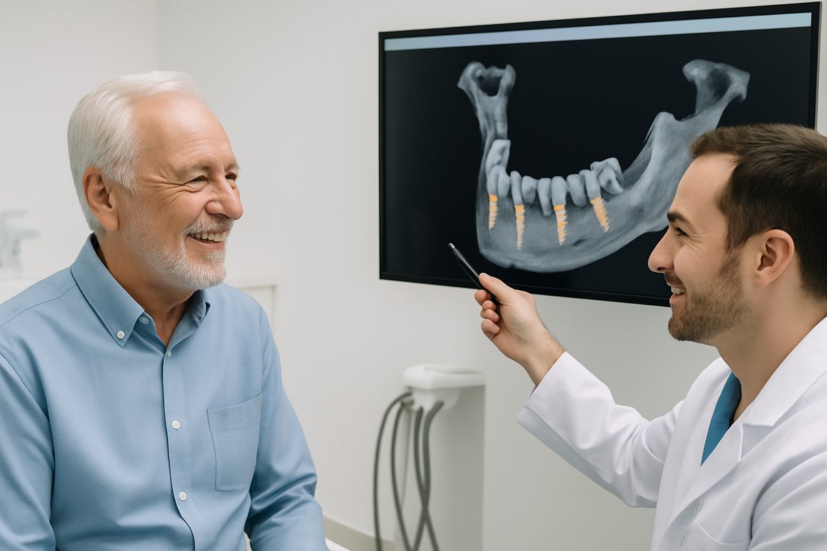 A smiling, older gentleman is consulting with his dentist in a modern dental office to see if he's a good candidate for dental implants. The dentist is pointing to a large screen displaying a 3D scan of the patient's jawbone. No text on image.