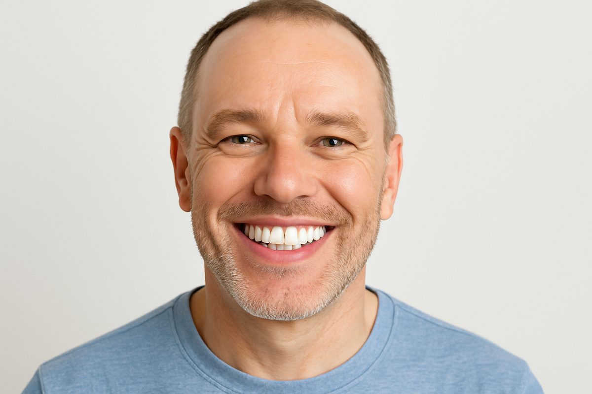 A person with missing teeth is smiling confidently after receiving mouth dental implants. The image should be bright and showcase the improvement in their smile. No text on the image.