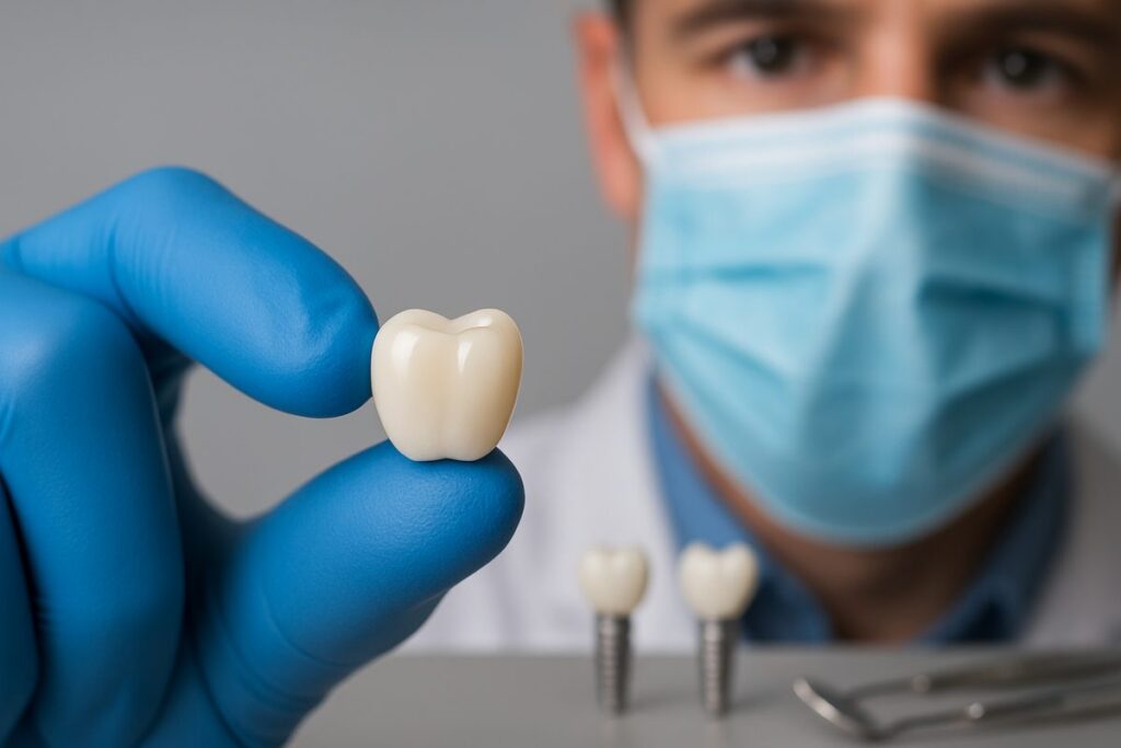 Close up studio shot of a dentist holding a gleaming porcelain crown, with dental implants and tools blurred in the background. No text on image.