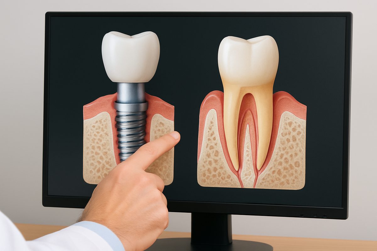 A close-up of a dentist pointing to a digital display of a dental implant integrating into a patient's jaw, alongside a natural tooth prepped for a crown. The display highlights the differences in structure and purpose, emphasizing the benefits of each. No text on image.