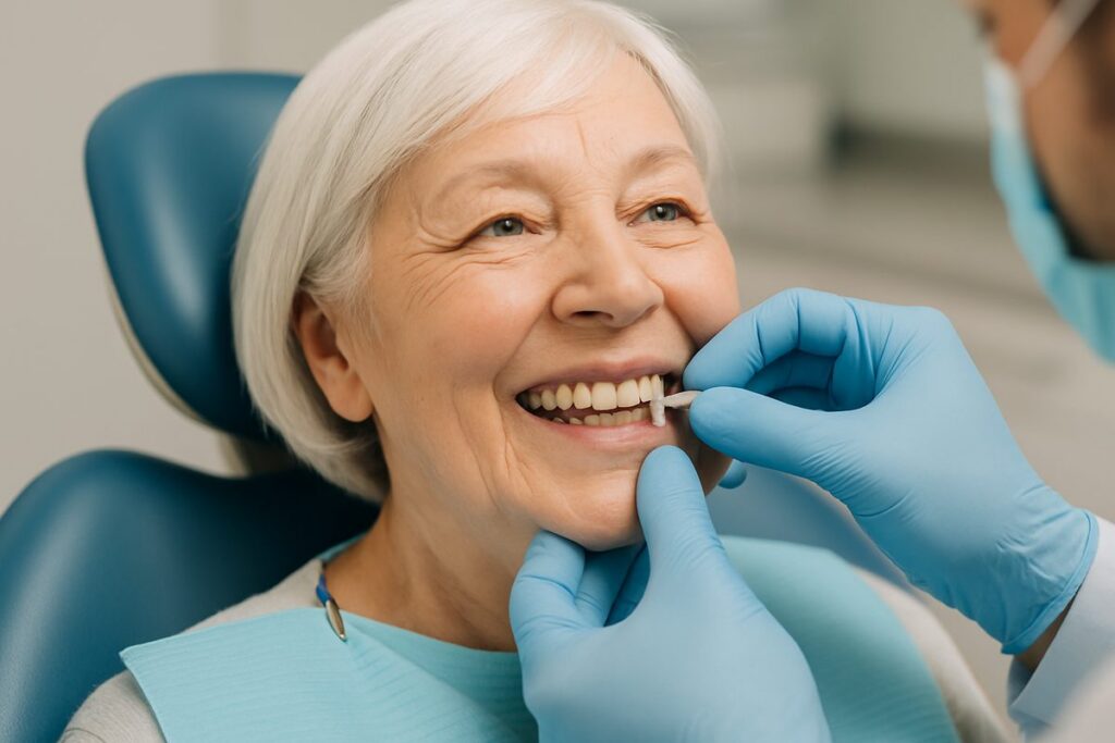 Close up of a smiling senior female patient in a dental chair, with a dentist adjusting a newly placed dental implant. No text on image.