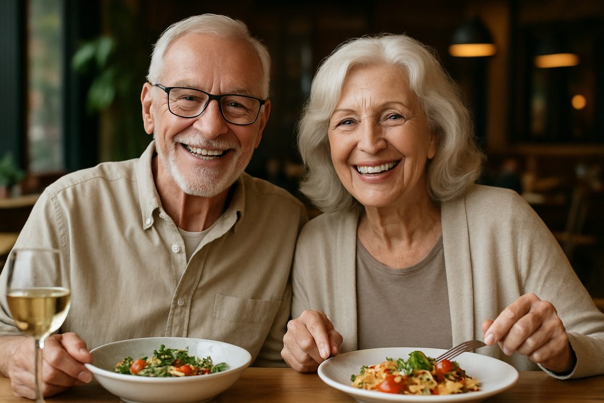 Photo of a senior couple smiling, showing off their perfectly aligned implant supported dentures while enjoying a meal together at a restaurant. No text on image.