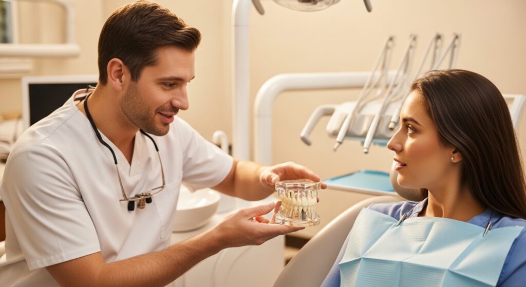 Dentist consulting with a patient about dental implants in a modern office.