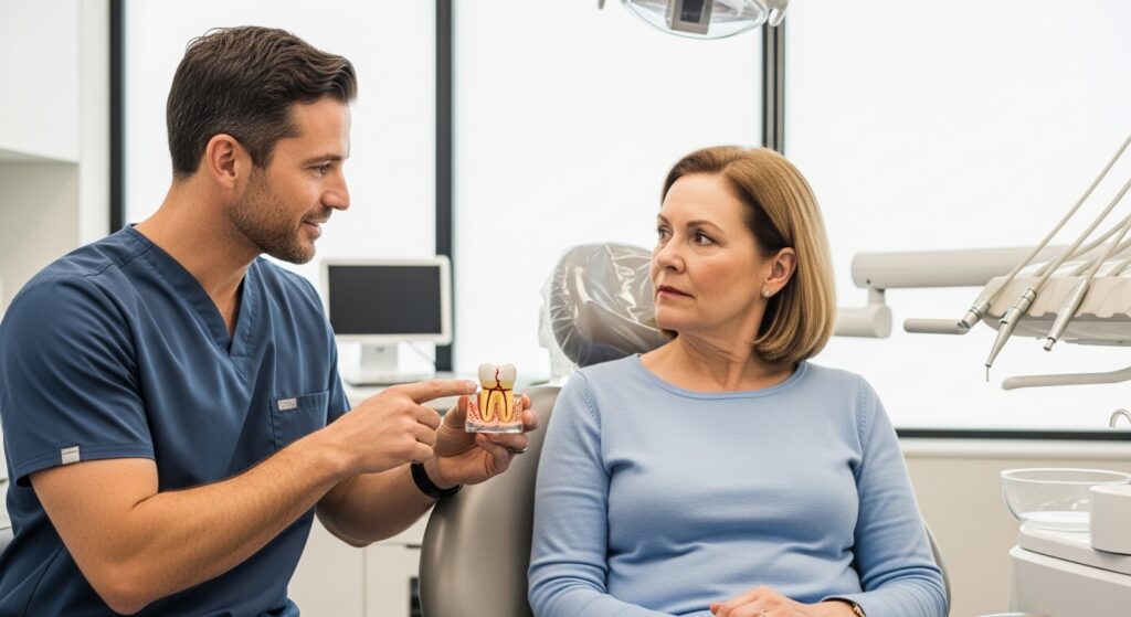 Dentist and patient discussing emergency dentistry options