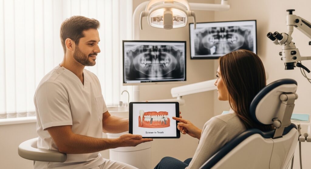 Dentist consulting with patient about screwed-in teeth in a clean, modern clinic.