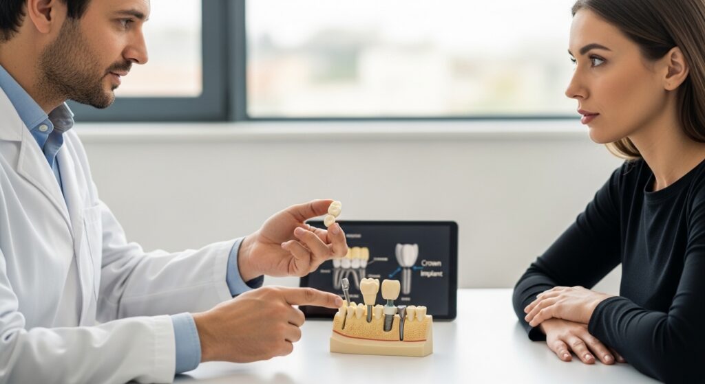 Dentist consulting with patient about dental crowns and implants