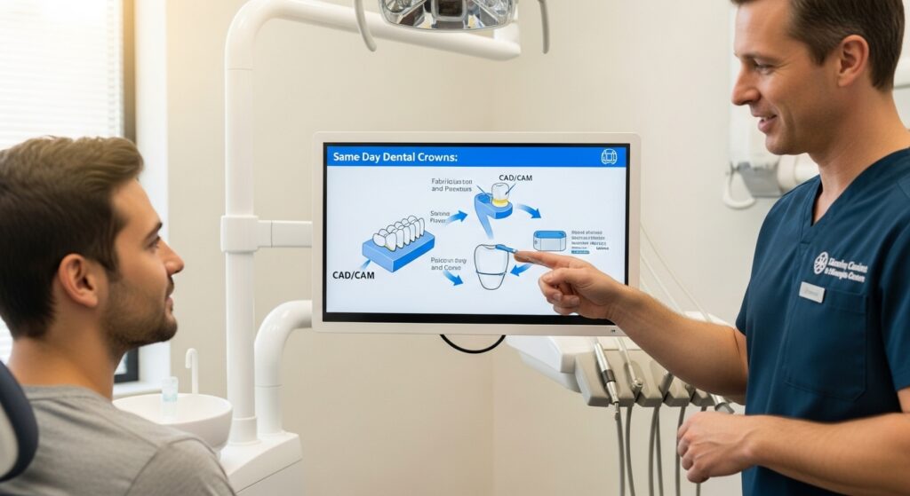 Patient consulting with dentist about same day dental crowns