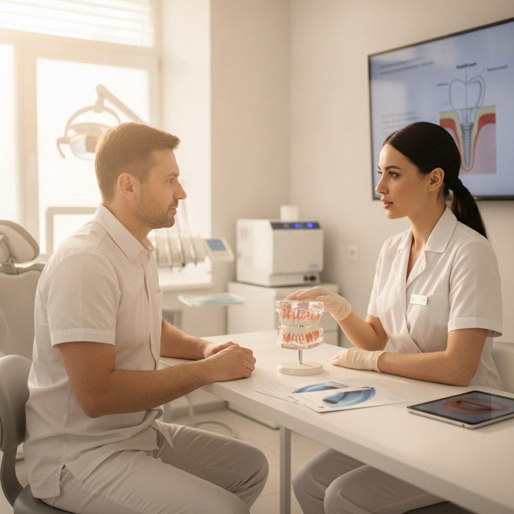 Dental setting with a consultation about dental implant appearance