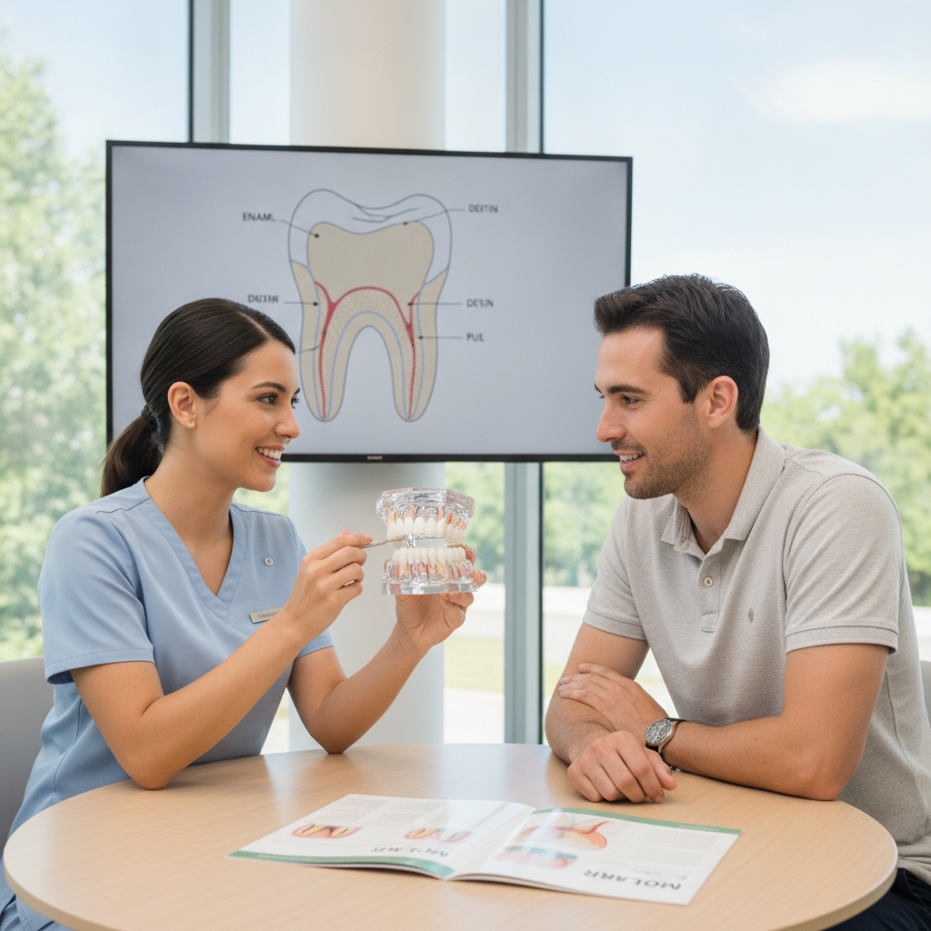 Dental consultation focused on molar health in a modern clinic setting.